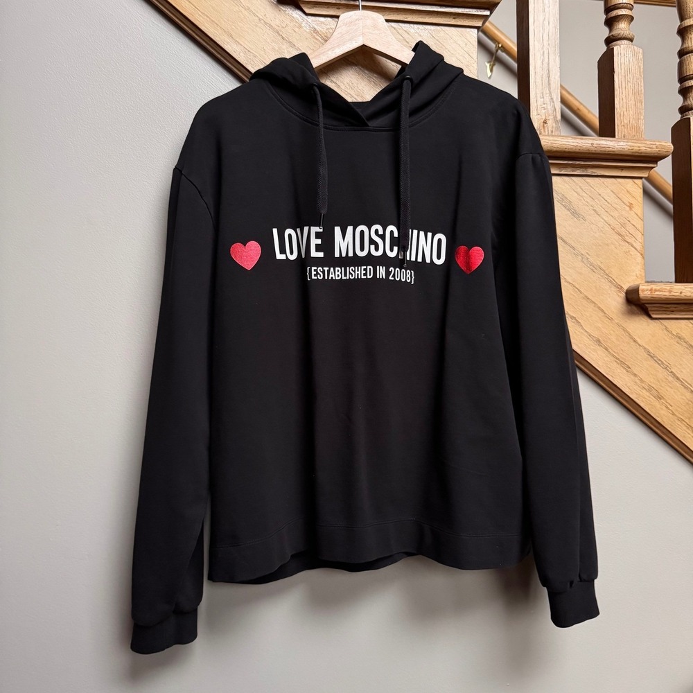 LOVE MOSCHINO Unisex Cotton‎ Hoodie L/XL Red Heart Y2K Pullover Italy Designer